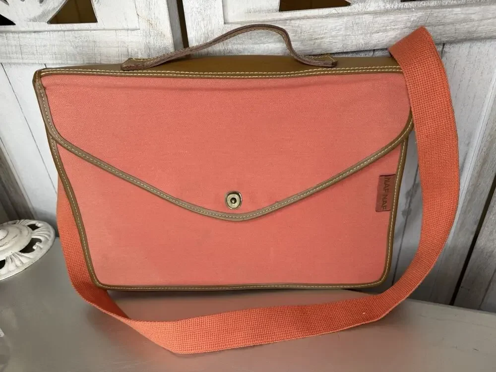 VTG NAF NAF Messenger Bag Top Handle Coral Orange Shoulder Strap Snap Closure